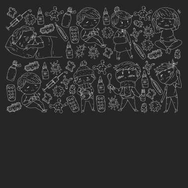 Küçük çocuklar ile vektör deseni. Çocuk hastalıkları, grip, hastalık İllüstrasyon