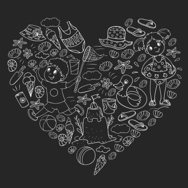 Küçük chilren ile vektör deseni. Aile yaz tatilleri. Plaj, okyanus, ada, güneş. Çocuklar oynar. Yüzme ve rahatlama.