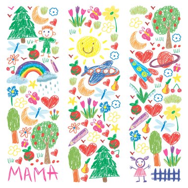 Komik çocuk çizim ile Anaokulu desen. Vektör illüstrasyon. Çocuklar oynar ve büyür.