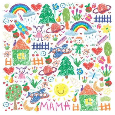 Komik çocuk çizim ile Anaokulu desen. Vektör illüstrasyon. Çocuklar oynar ve büyür.