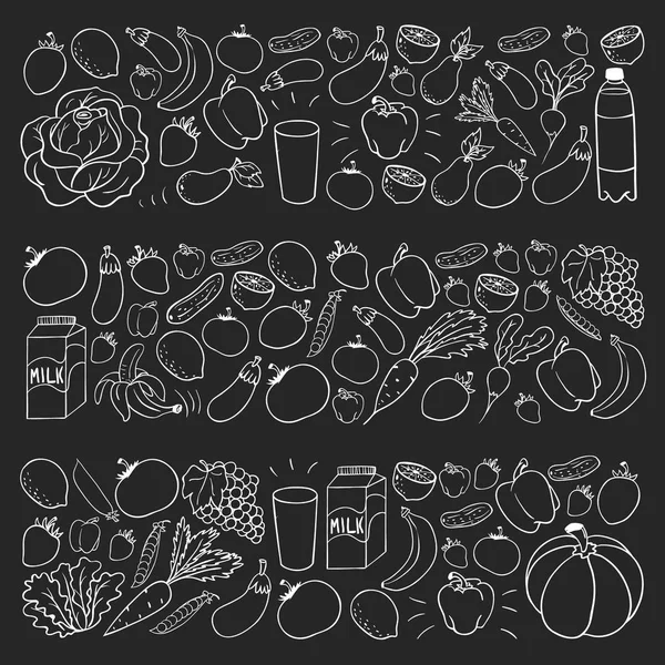 Vector pattern with healthy food. Fruits and vegetables. Milk, dairy products. Pattern for store, mall, menu, cafe, restaurants. — Stock Vector