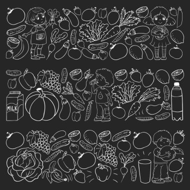 Sağlıklı beslenen çocukların taşıyıcı kalıpları. Meyve ve sebze. Çocuklar süt ve süt ürünlerini sever. Mağaza, alışveriş merkezi, menü, kafe, restoranlar için desen.