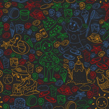 Küçük chilren ile vektör deseni. Aile yaz tatilleri. Plaj, okyanus, ada, güneş. Çocuklar oynar. Yüzme ve rahatlama.