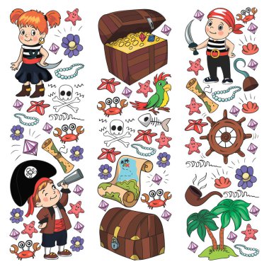 Vektör küçük çocuklar için doğum günü partisi için korsan unsurları ile ayarlayın. Ahtapot, plaj, hazine sandığı, gemi ile Çocuk desen