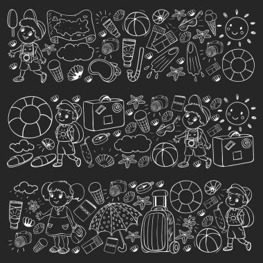 Vektör deseni. Yaz tatilleri. Küçük çocuklar. Çocuklu mutlu bir aile. Seyahat ve macera. Kumsal, okyanus, ada, güneş