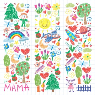 Komik çocuk çizim ile Anaokulu desen. Vektör illüstrasyon. Çocuklar oynar ve büyür.