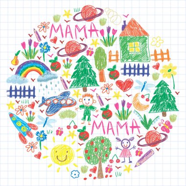 Komik çocuk çizim ile Anaokulu desen. Vektör illüstrasyon. Çocuklar oynar ve büyür.