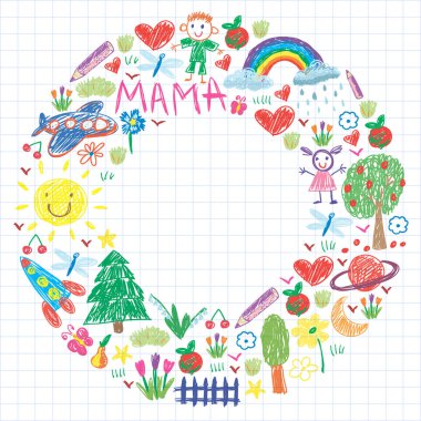 Komik çocuk çizim ile Anaokulu desen. Vektör illüstrasyon. Çocuklar oynar ve büyür.