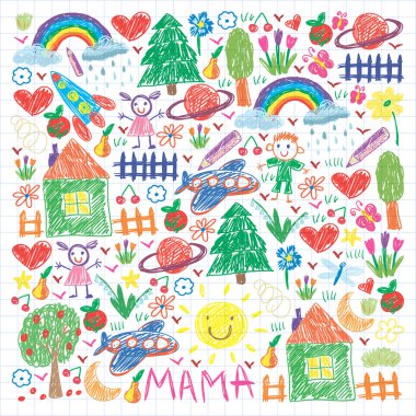 Komik çocuk çizim ile Anaokulu desen. Vektör illüstrasyon. Çocuklar oynar ve büyür.