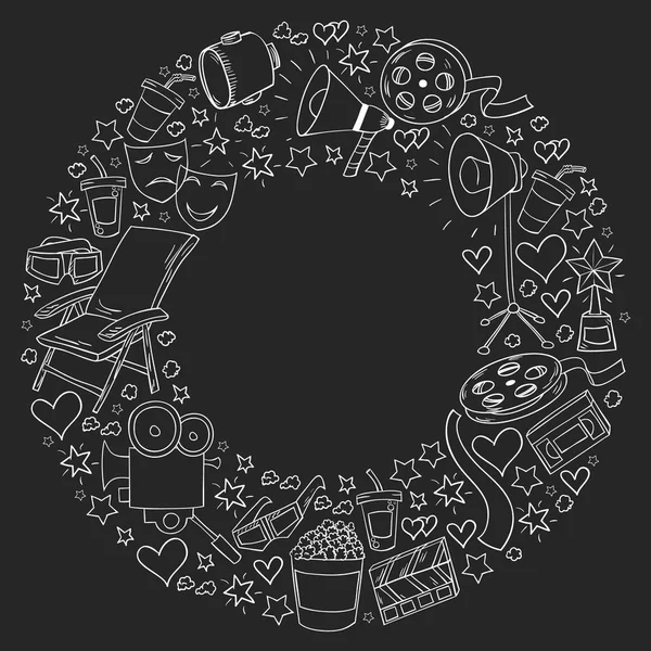 Patrón vectorial con iconos de cine. Cine, Televisión, palomitas de maíz, videoclips, musical — Archivo Imágenes Vectoriales