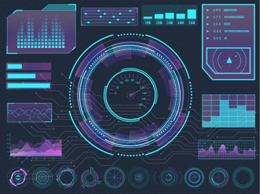 Hud elementleri bilim kurgu fütüristik kullanıcı arayüzü. Menü düğmeleri, sanal gerçeklik, bilgi vektörü çizimi.