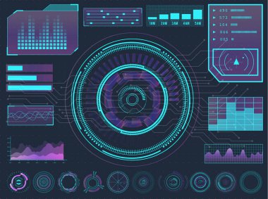 Hud elementleri bilim kurgu fütüristik kullanıcı arayüzü. Menü düğmeleri, sanal gerçeklik, bilgi vektörü çizimi.