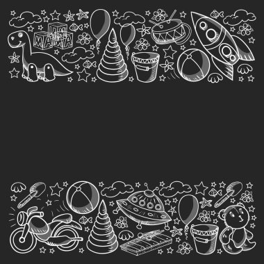 Küçük anaokulu çocukları için oyuncaklarla vektör deseni. Dinozor, oyuncak ayı, roket, gemi, uçak, balon, araba, motosiklet, kamyon..