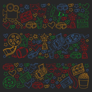 Sinema simgeleri ile vektör deseni. Sinema, Tv, patlamış mısır, video klipler, müzikal