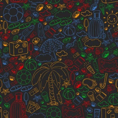 Vektör kusursuz desen. Yaz tatilleri. Seyahat ve macera. Kumsal, okyanus, ada, güneş