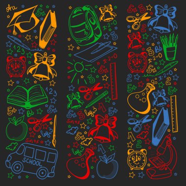 Okul simgeleriyle vektör deseni. Okula dönelim. Coğrafya, geometri, matematik, fizik, kimya, astronomi