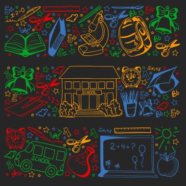 Okul simgeleriyle vektör deseni. Okula dönelim. Coğrafya, geometri, matematik, fizik, kimya, astronomi