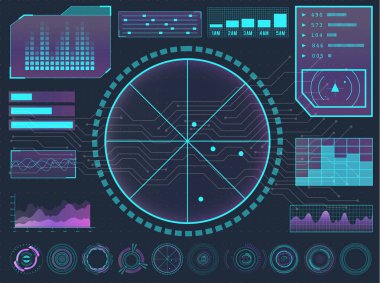 Hud elementleri bilim kurgu fütüristik kullanıcı arayüzü. Menü düğmeleri, sanal gerçeklik, bilgi vektörü çizimi.