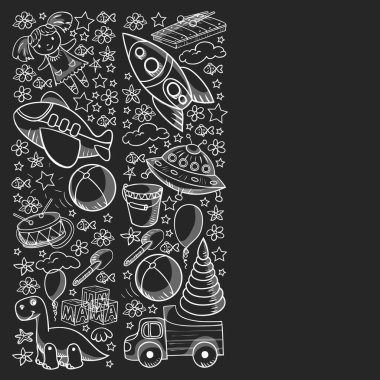 Küçük anaokulu çocukları için oyuncaklarla vektör deseni. Dinozor, oyuncak ayı, roket, gemi, uçak, balon, araba, motosiklet, kamyon..