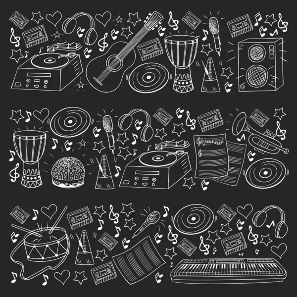 Векторний візерунок з музичними інструментами. Рок, джаз, диско, караоке. Сучасна і класична музика. Піктограми стилю Doodle . — стоковий вектор