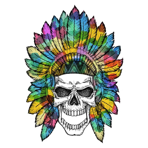 Human skull in native american indian chief headdress. Tribal, ethnic, colorful image, boho style. Wild and free