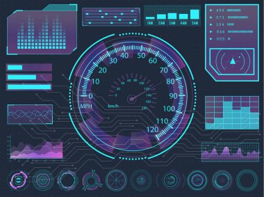 Hud elementleri bilim kurgu fütüristik kullanıcı arayüzü. Menü düğmeleri, sanal gerçeklik, bilgi vektörü çizimi.