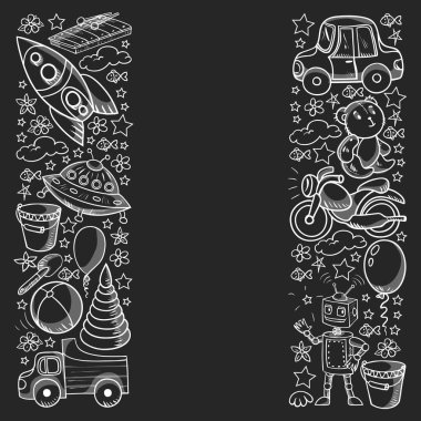 Küçük anaokulu çocukları için oyuncaklarla vektör deseni. Dinozor, oyuncak ayı, roket, gemi, uçak, balon, araba, motosiklet, kamyon..