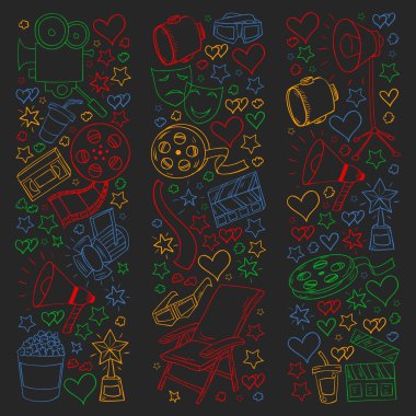 Sinema simgeleri ile vektör deseni. Sinema, Tv, patlamış mısır, video klipler, müzikal