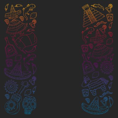 Meksika 'ya seyahat. Vektör duvar kağıtları, arka planlar için etnik elemets ile ayarlayın. Ölü günü