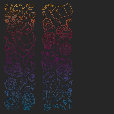 Meksika 'ya seyahat. Vektör duvar kağıtları, arka planlar için etnik elemets ile ayarlayın. Ölü günü
