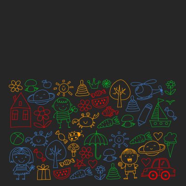 Sevimli küçük çocuklar oynar. Anaokulu, eğitim, spor. Desenler, afişler, posterler için çocuk ve oyuncaklar Simgeleri.