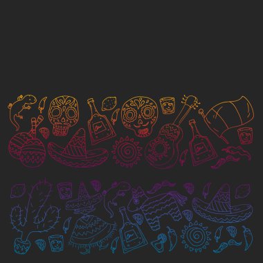 Meksika 'ya seyahat. Vektör duvar kağıtları, arka planlar için etnik elemets ile ayarlayın. Ölü günü