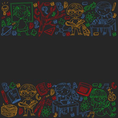 Okula geri dön. Vektör simgeleri ve küçük çocuklar için öğeleri, kolej, online kurslar. Doodle tarzı, çocuk çizim