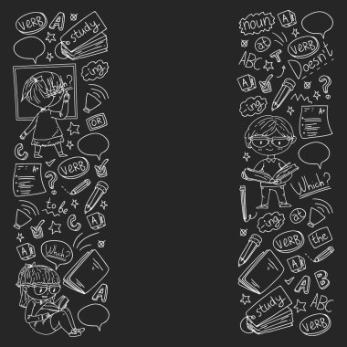 Çocuklar için İngilizce okulu. Dil öğren. Eğitim vektörü illüstrasyonu. Çocuklar karalama tarzı resim çiziyor.