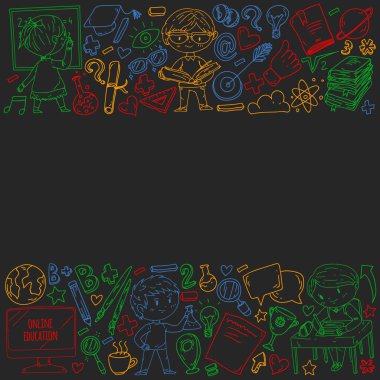 Okula geri dön. Kitap, eğitim unsuru ve küçük öğrencilerle desen. Çocuklar, matematik öğrenen çocuklar, coğrafya, geometri, fizik, kimya