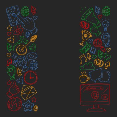 Dijital pazarlama, sosyal medya, iletişim, yönetim. Arka plan afiş için.