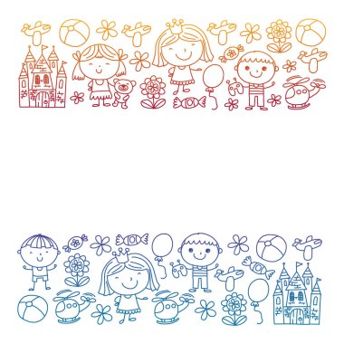 Sevimli küçük çocuklar oynar. Anaokulu, eğitim, spor. Desenler, afişler, posterler için çocuk ve oyuncaklar Simgeleri.