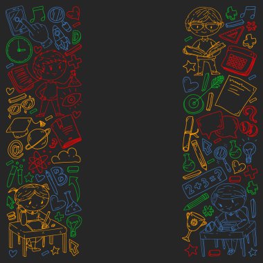 Okula geri dön. Kitap, eğitim unsuru ve küçük öğrencilerle desen. Çocuklar, matematik öğrenen çocuklar, coğrafya, geometri, fizik, kimya