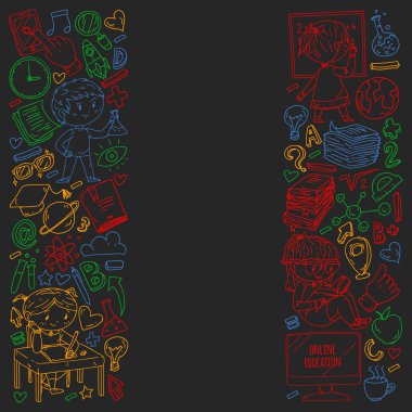 Okula geri dön. Kitap, eğitim unsuru ve küçük öğrencilerle desen. Çocuklar, matematik öğrenen çocuklar, coğrafya, geometri, fizik, kimya