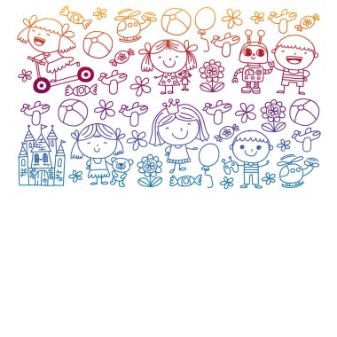 Sevimli küçük çocuklar oynar. Anaokulu, eğitim, spor. Desenler, afişler, posterler için çocuk ve oyuncaklar Simgeleri.