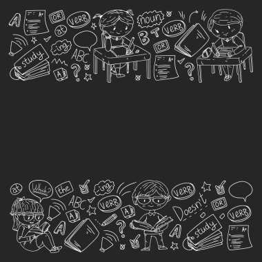 Çocuklar için İngilizce okulu. Dil öğren. Eğitim vektörü illüstrasyonu. Çocuklar karalama tarzı resim çiziyor.