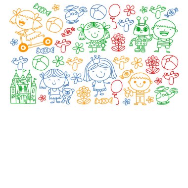 Sevimli küçük çocuklar oynar. Anaokulu, eğitim, spor. Desenler, afişler, posterler için çocuk ve oyuncaklar Simgeleri.