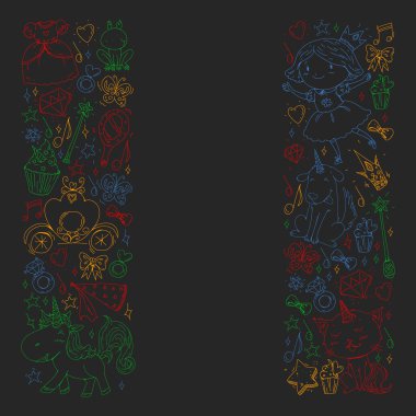 Peri Prenses ve sihirli tek boynuzlu atlar. Vektör desen sihirli kediler, atlar, köpekler.