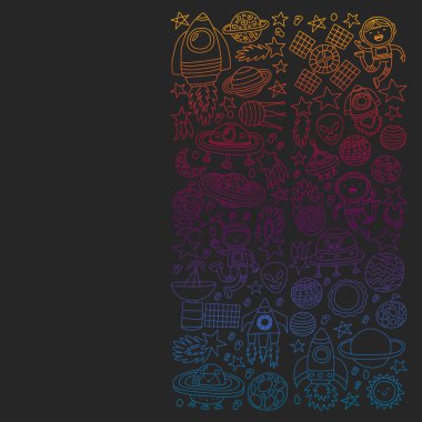 Uzayda küçük çocuklar ile vektör deseni. Dünya, ay, uzay gemileri, yıldızlar, kuyruklu yıldızlar, roketler, uzay mekiği, uzaylılar, ufo.