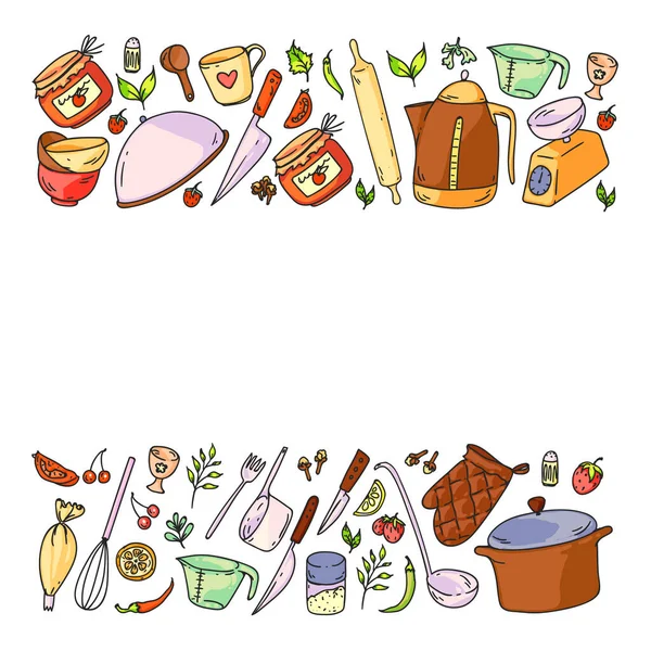 Wzór z jedzeniem i naczynie kuchenne. Lekcje gotowania, menu dla restauracji, banery dla sklepów — Wektor stockowy