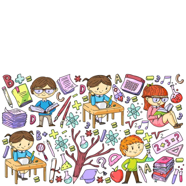 Vissza az iskolába. Vektoros ikonok és elemek a kisgyermekek, Főiskola, online tanfolyamok. Doodle stílus, Gyerekrajz — Stock Vector