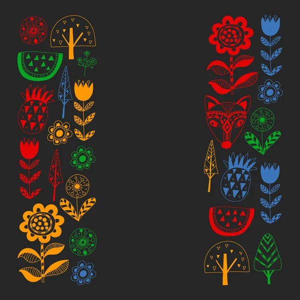 İskandinav tarzında tilki ile çiçek deseni — Stok Vektör
