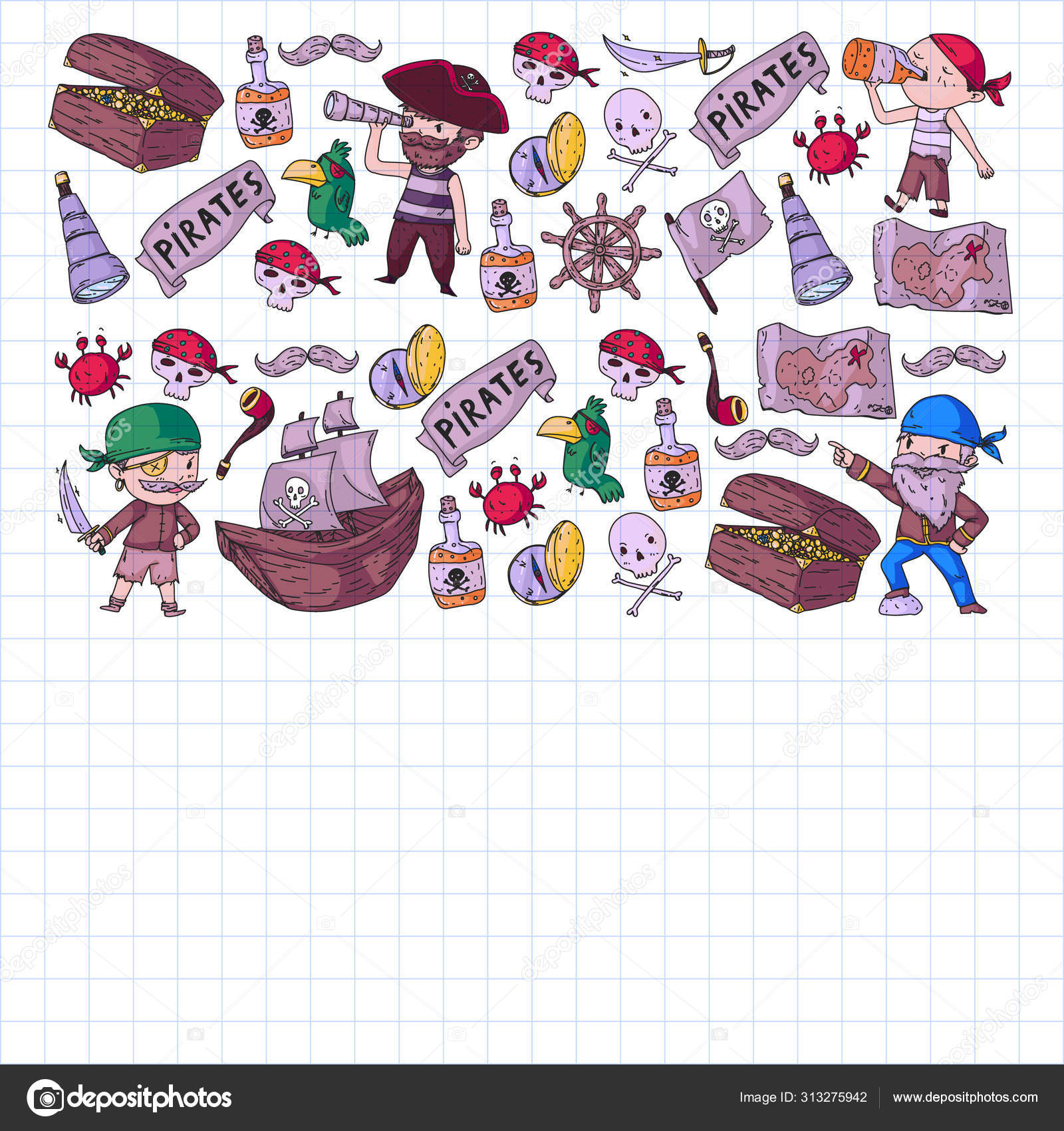 Векторный Пиратский Рисунок С Кораблями, Островами И.