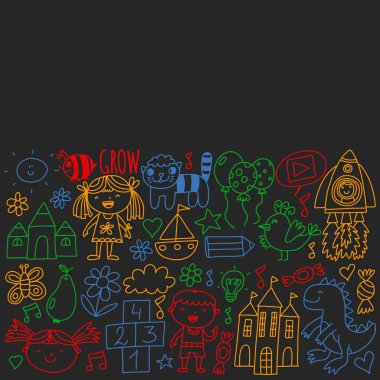 Anaokulu afişleri için vektör deseni, ay, gezegen, uzay gemisi, roket, güneş, meyve, ev, çiçek posterleri. Yaratıcılık ve hayal gücü.