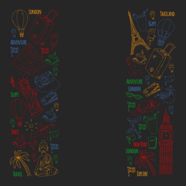 Seyahat simgeleriyle vektör deseni. Harika tatiller, tatiller. Sıcak hava balonu, bavul. Maceralar ve seyahat.